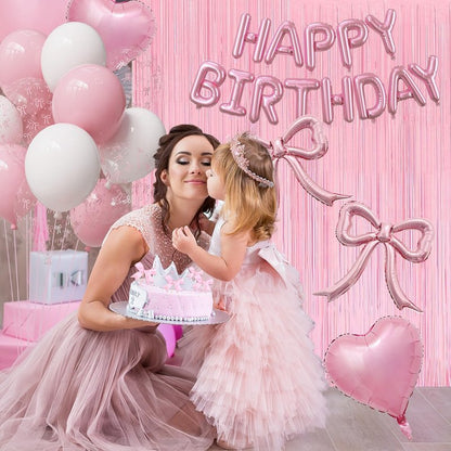 Pink Bow Birthday Party Decorations Kit with Bows Happy Birthday Balloon Banner, Pastel Pink Fringe Backdrop, Heart Balloons and Cake Toppers – Coquette Decor for Girls & Women