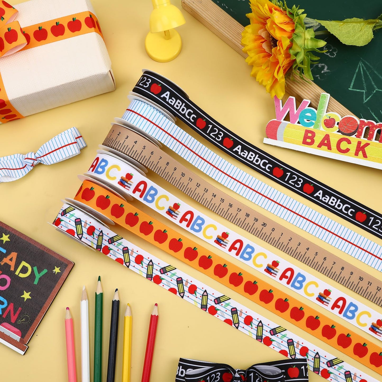 DECYOOL 6 Rolls Back to School Ribbon 36 Yards Teacher Appreciation Gift Wrapping Ribbon 7/8 inch Wide ABC Pencil Apples Ruler Craft Ribbon for Classroom Decorations DIY Project Supplies