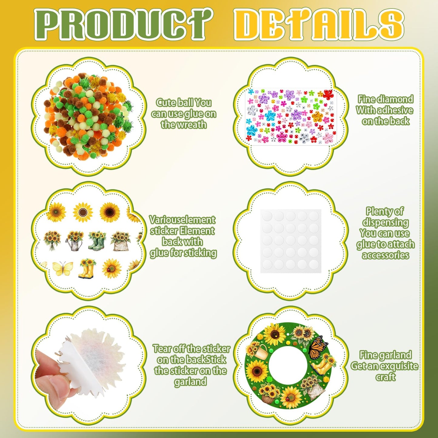 Wavwavw 472 Pcs Sunflower DIY Craft Kits Sunflower Wreath Summer Craft Kit Wreath Arts Decorations with Butterflies House Felt Stickers for Home Indoor Outdoor Party Activities Decor
