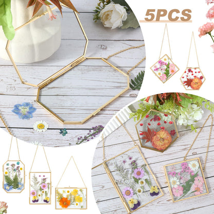 5 PcsDouble Glass for Pressed Flowers,Clear Brass Embossed Frame with Tweezers,Can Be Used for Dried Flower Plant Photo Postcards Wall Mounted Glass Pressed Flower Frame,No Dried Flowers