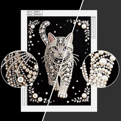 WSLWXSHM Pearl Diamond Painting Kits for Adults Cat, 5D Special Shape Diamond Art Kits for Beginners, Crystal Rhinestones Diamond Painting for Home Wall Decoration Gift 12×16inch/30×40cm, Animal