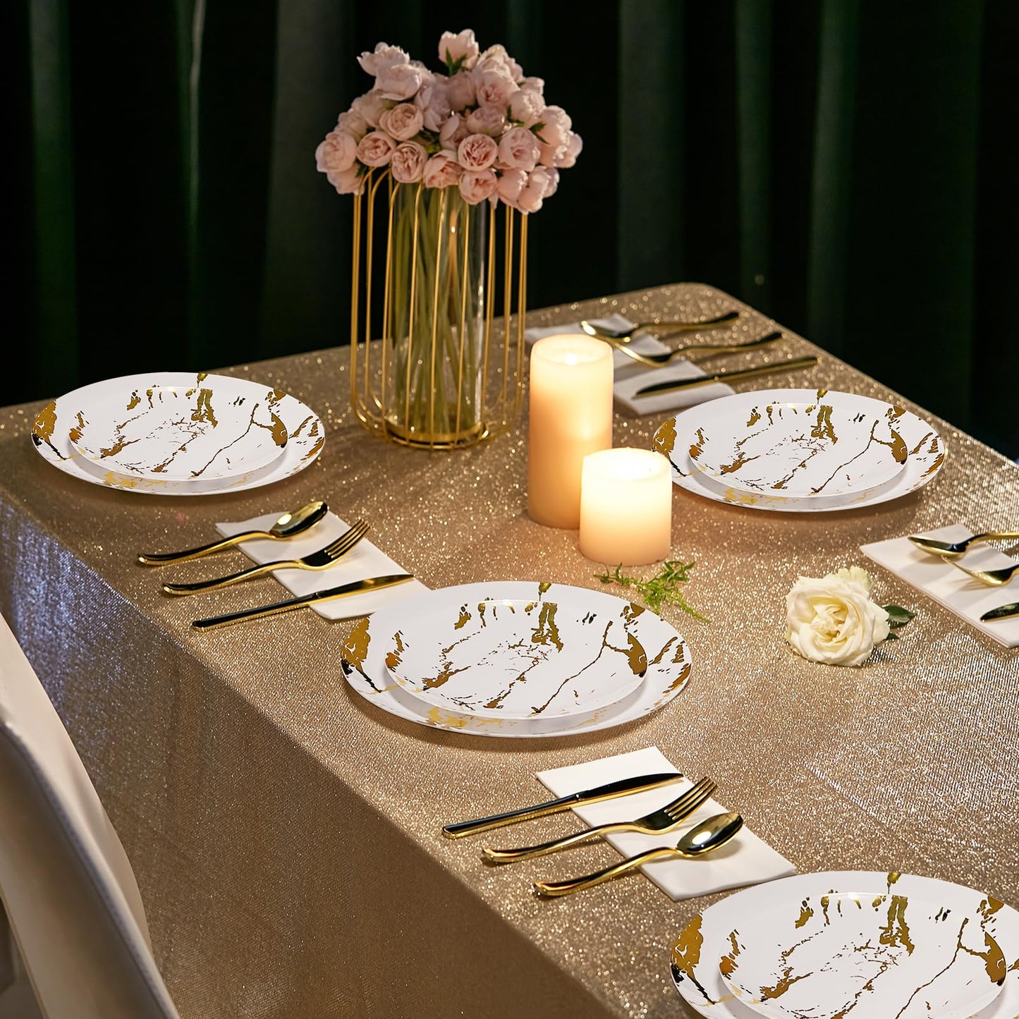 JOLLY PARTY 180PCS Disposable Dinnerware Set 30 Guest, 60 White and Gold Plastic Plates, 30 Plastic Silverware, 30 Cups, Marble Design Disposable Dinnerware for Wedding and Parties