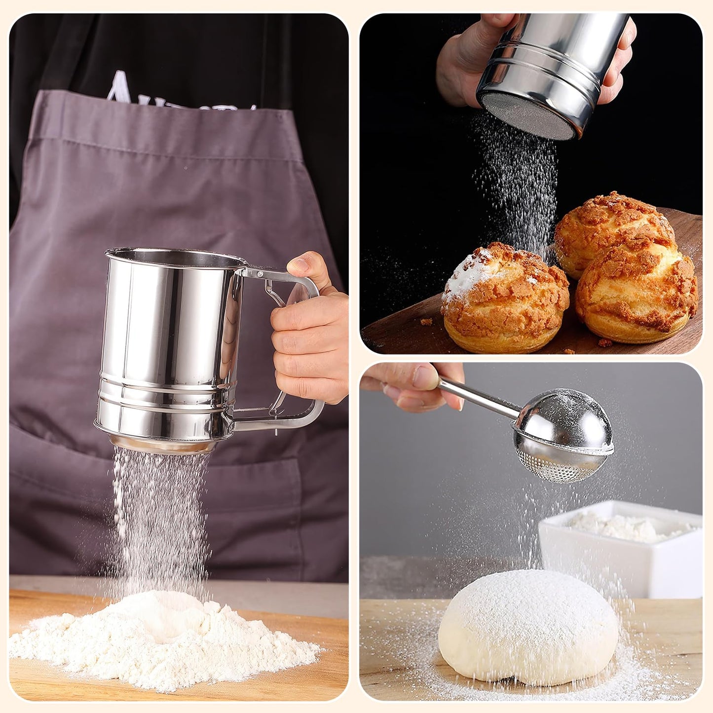4 in1 Flour Sifter Stainless Steel, 5 Cup Flour Sifter for Baking, Sifter for Baking with Powdered Sugar Duster Set, Flour Shaker Duster for Baking Cakes, Pies, Pastries, Desserts and Cupcakes