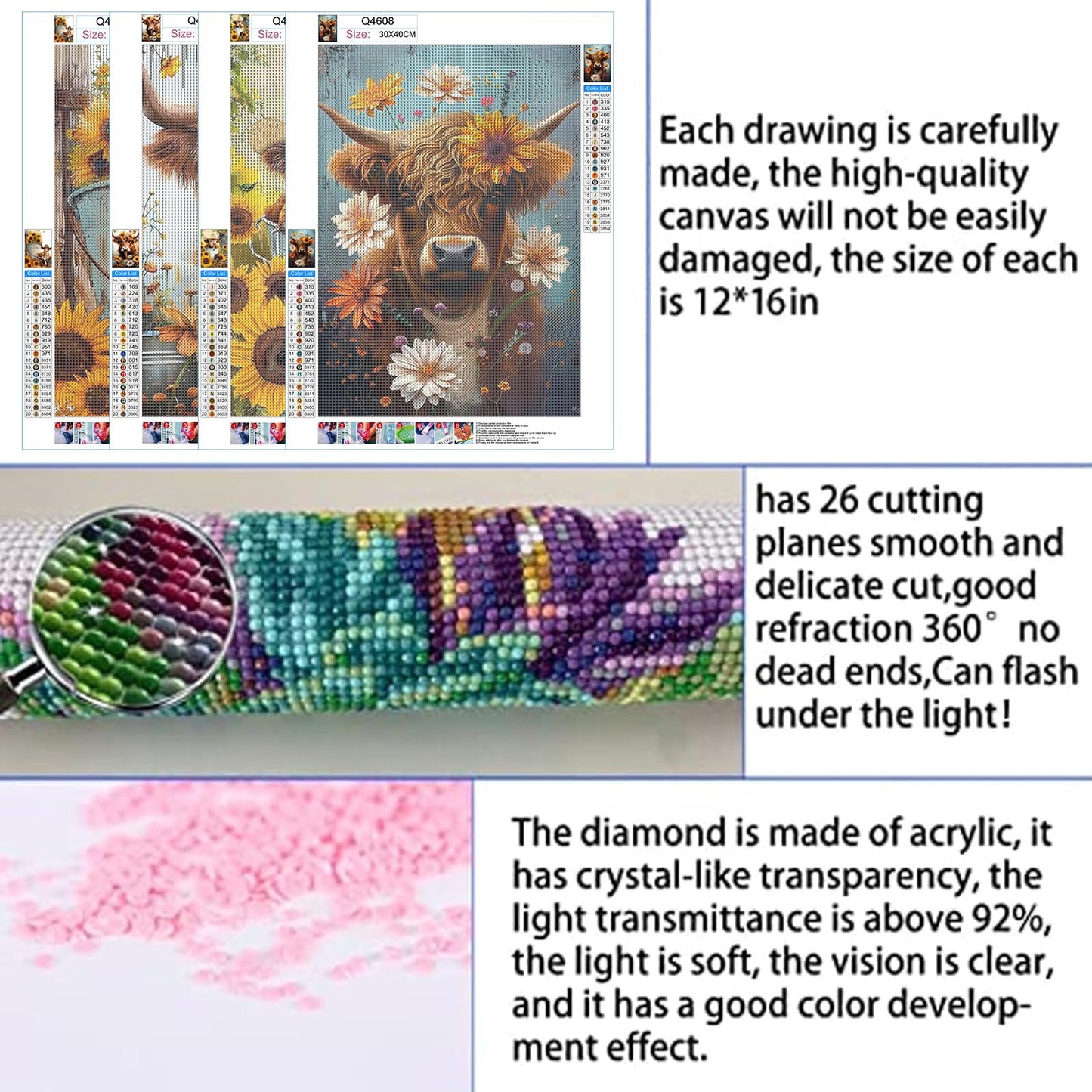 EWJRNSF 5D Diamond Painting Kits for Adults Beginners, Diamond Arts Kits Diamond Art Sets,Gem Painting Arts & Crafts Home Wall Decoration 11.8x15.7 Inches 4 Pack Highland Cow