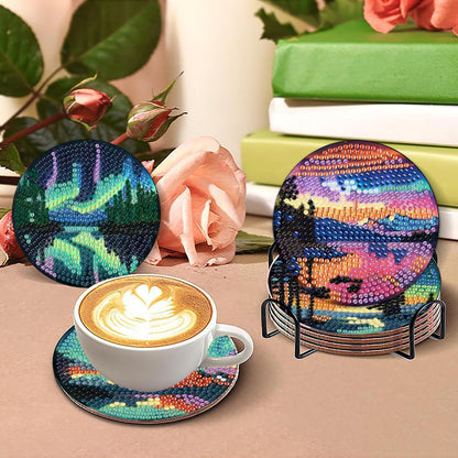 8 Pcs Aurora Diamond Art Coasters Kits with Holder, Landscape Diamond Painting Coasters Kits for Adults, DIY 5D Nature Scenery Diamond Dots Small Mini Kit Full Drill Art Craft Supplies 4X4 Inch