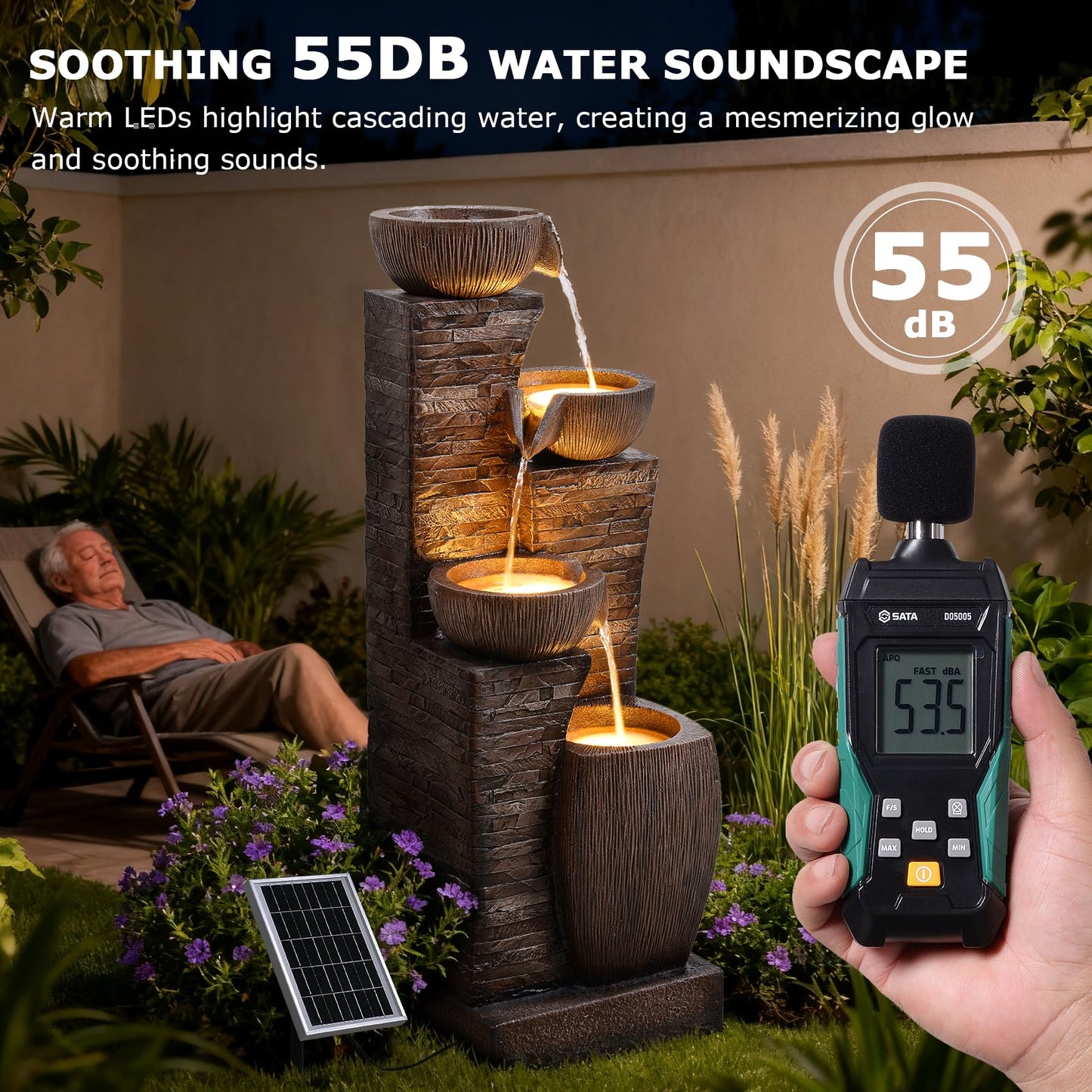 Pivotify 38.2" Tall Solar Powered Water Fountain for Outdoor,4 Tiers Modern Cascading Bowls and Stacked Stones Solar Fountains with LED Lights for Garden, Patio, Deck, Backyard and Home Art Decor