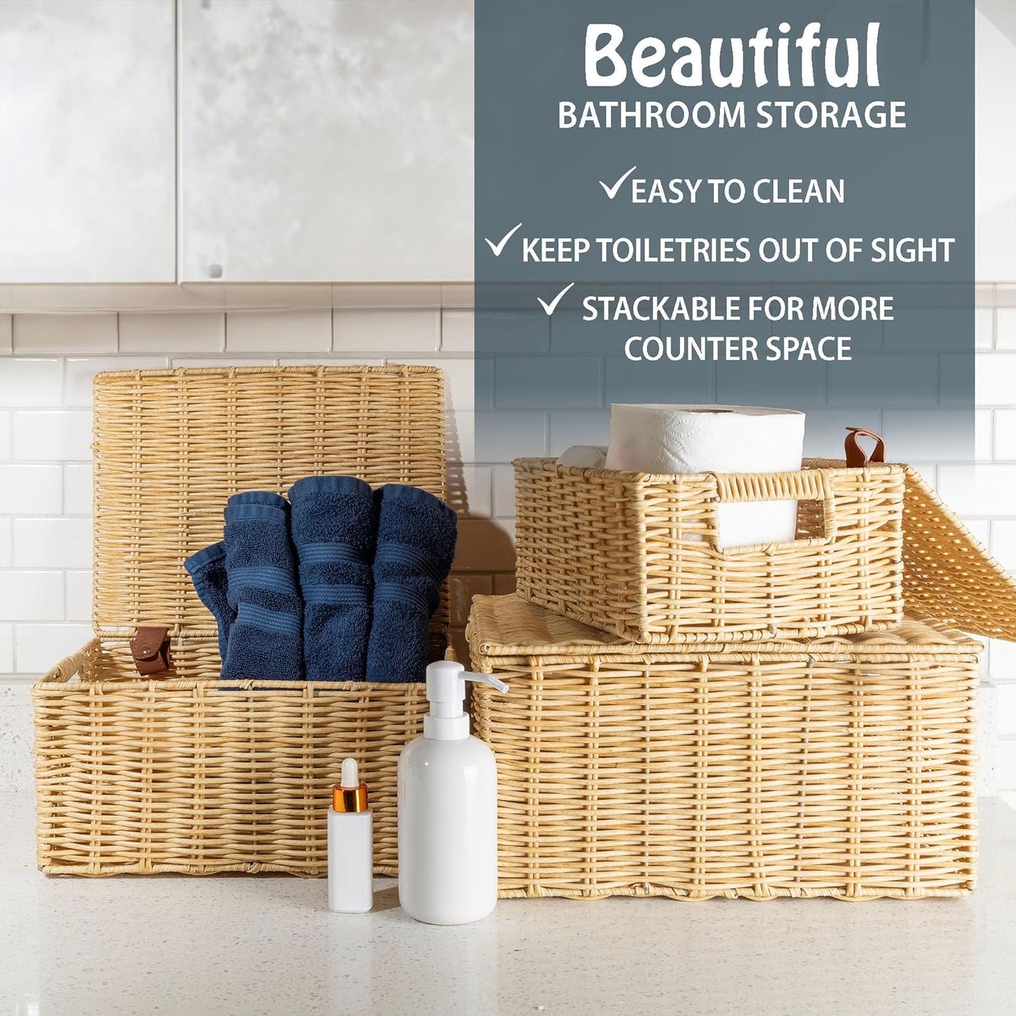 Milli's Product Set 3 Wicker Storage Baskets Hand Woven with Lids of (Large, Medium, Small) for Organizing Clothes