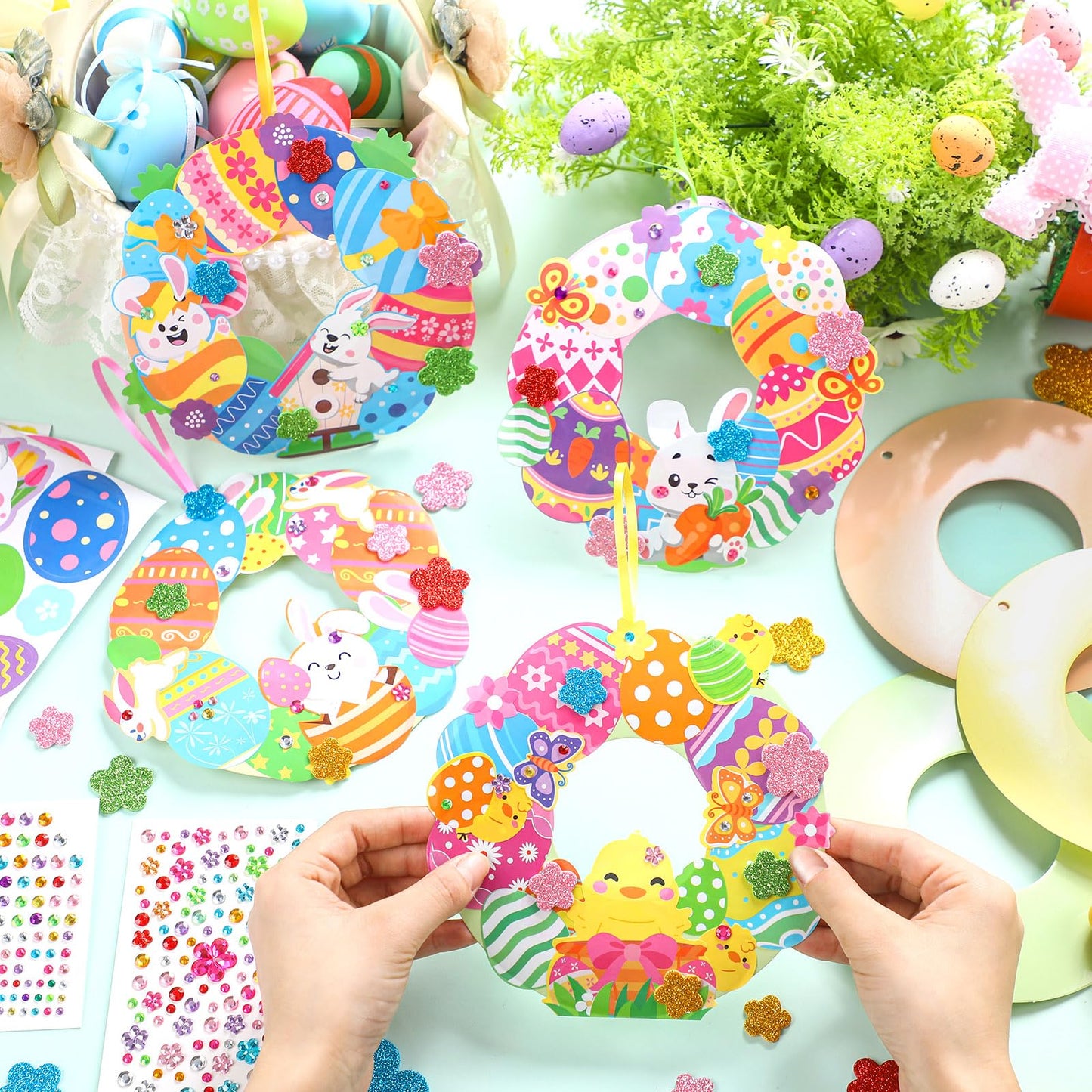 Hollowfly 48 Sets Easter Wreath Craft Kits DIY Wreath Hanging Ornaments Make Your Own Paper Craft with Stickers for Home Party Activities
