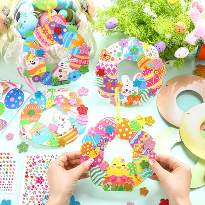 Hollowfly 48 Sets Easter Wreath Craft Kits DIY Wreath Hanging Ornaments Make Your Own Paper Craft with Stickers for Home Party Activities