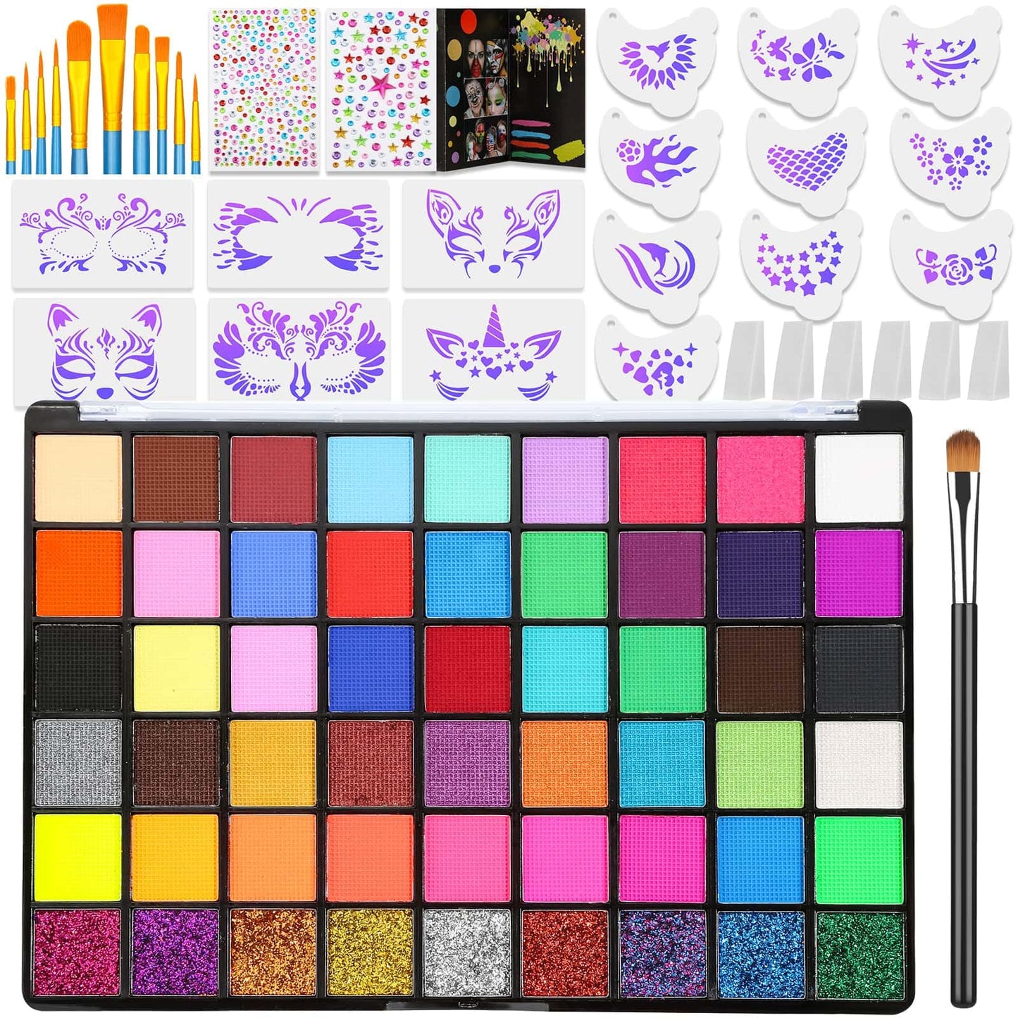 Professional Face Painting Kit for Kids and Adults – 54 Color Water Activated Cosplay Makeup Kit, Non-Toxic Body Paint with Stencils, Gems, Brushes– for Halloween FX, Bday Parties, School Event