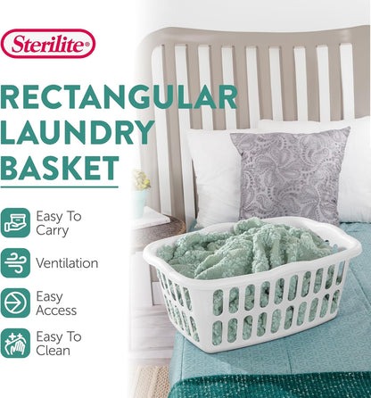 Sterilite Rectangular Laundry Basket - 12-Pack Plastic Clothes Hamper, 1.5 Bushel, White | Ideal for Bedroom & Bathroom Storage