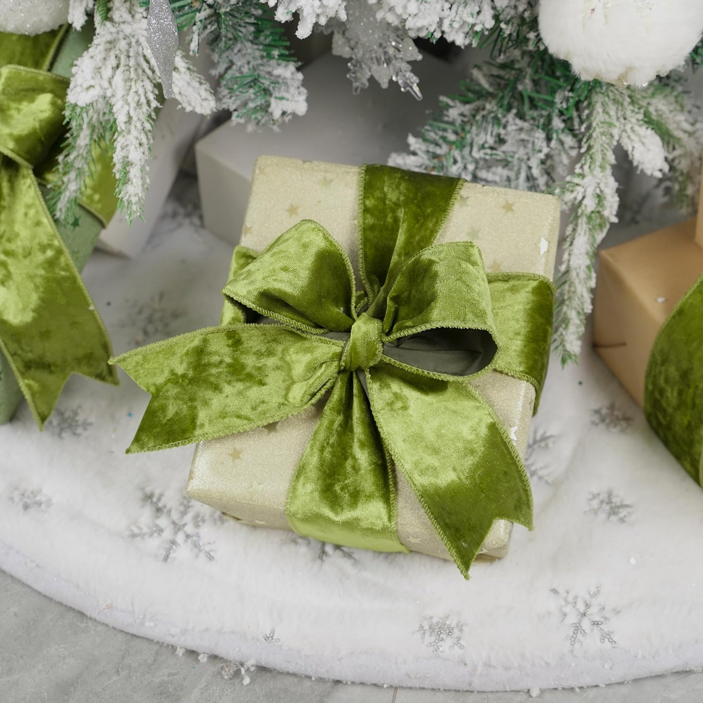 MEEDEE Moss Green Velvet Wired Ribbon 2.5 Inch - 10 Yards Crushed Velvet Christmas Ribbon for Tree Decoration, Wreath Supplies, Crafts Bow Making