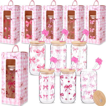 Zhehao 6 Set Cute Coquette Pink Bow Glass Cup Gift Set 16oz Aesthetic Iced Coffee Cup with Lids and Straws Toppers Brushes Gift Boxes Coquette Bow Party Favor Gifts for Girls Women Bridesmaid Mother