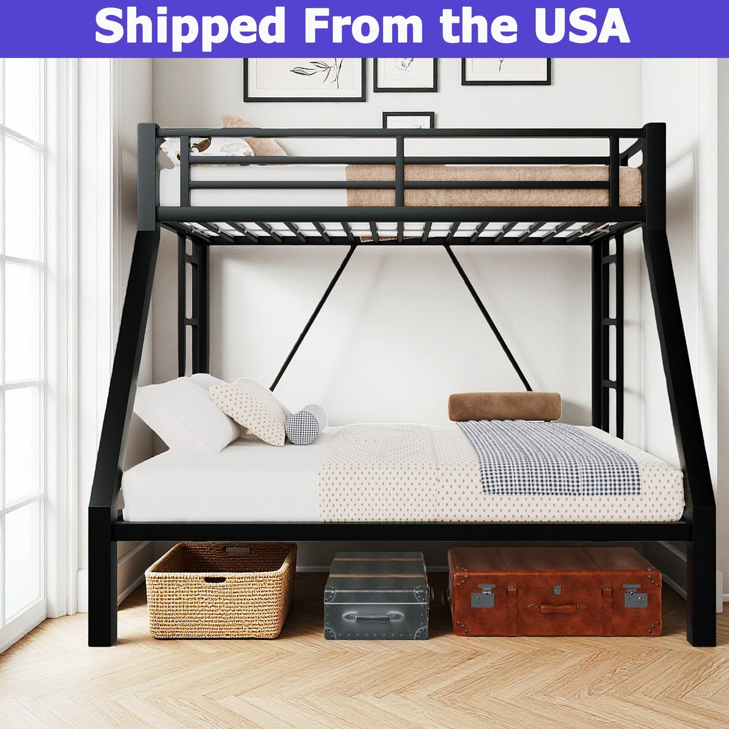 ATOPCORP Heavy-Duty Metal Twin XL Over Queen Bunk Bed with 2 Ladders,Higher Quality Metal Bunk Bed Queen Size for Boys Girls Teens Adults,No Box Spring Needed,Weight Capacity 600LBS (Black)