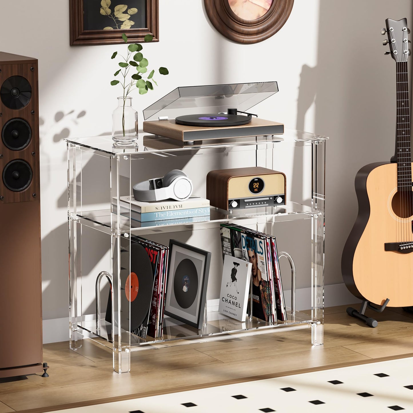 solaround Acrylic Record Player Stand, with Vinyl Storage, Turntable Stand, Vinyl Record Storage Table for Living Room (Clear, 31.5'' x 15.7'' x 29'')