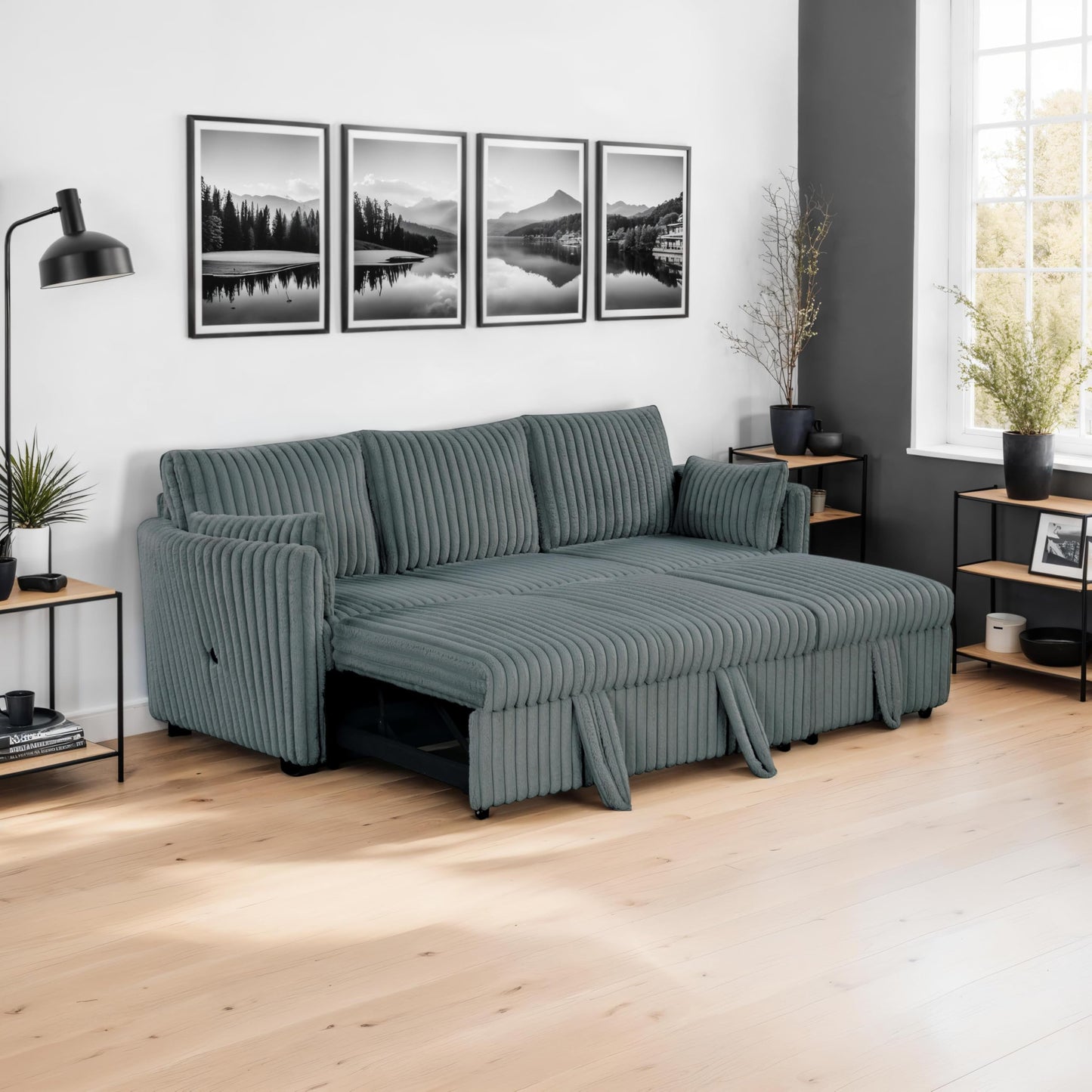 24/7 Shop at Home Shilda Modern Contemporary Faux Fur Pull-Out Sleeper Sofa with Modular Design, Curved Arm, USB-A and USB-C Charging Ports for Living Room, Small Space, Dark Gray