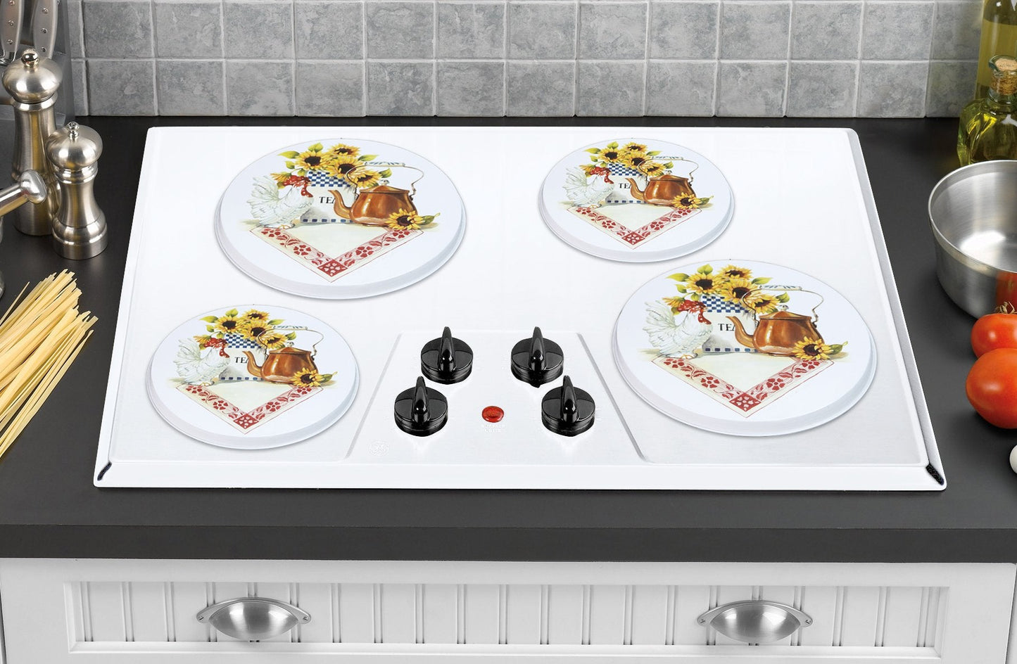 Reston Lloyd, Burner Covers For Electric Stovetop, Decorative Lightweight Tin Covers, Set of 4 (2-8 inch & 2-10 inch), Conceals Messy Drip Pans, Country Kettle