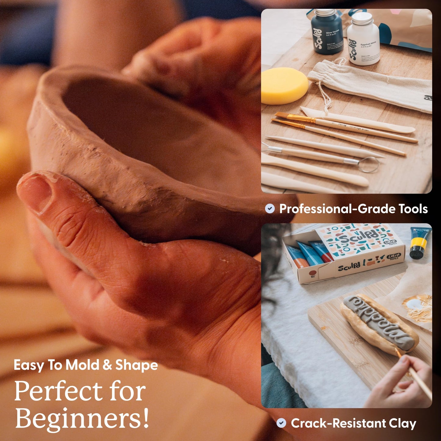 Sculpd - The Original Pottery Kit for Adults - Air Dry Clay for Adults, Tools, Varnish, Paints, Brushes, Couples Date Night Arts & Crafts Set, Gloss Varnish