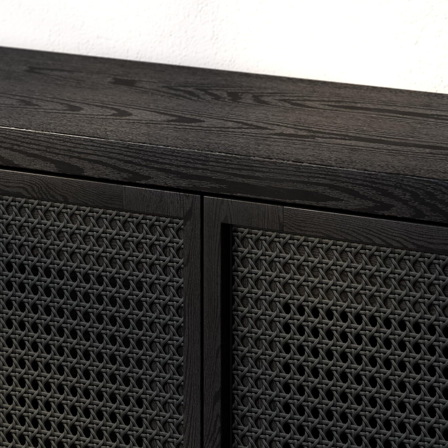 Henn&Hart TV Stand for TVs up to 78" with 2 Concealed Storage Cabinets, Rattan Insert Detailing, and Adjustable Shelves for Living Room, Family Room, or Office, Natural Black