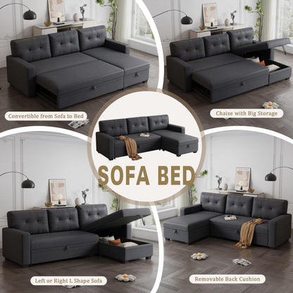 KTATK L-Shape 82" Linen Upholstered Pull Out Sectional Sofa with Storage Chaise,Can be Converted into a Twin Size Sleeper Bed W/Removable Back Cushions,for Living Room,Apartment,Office,Dark Gray