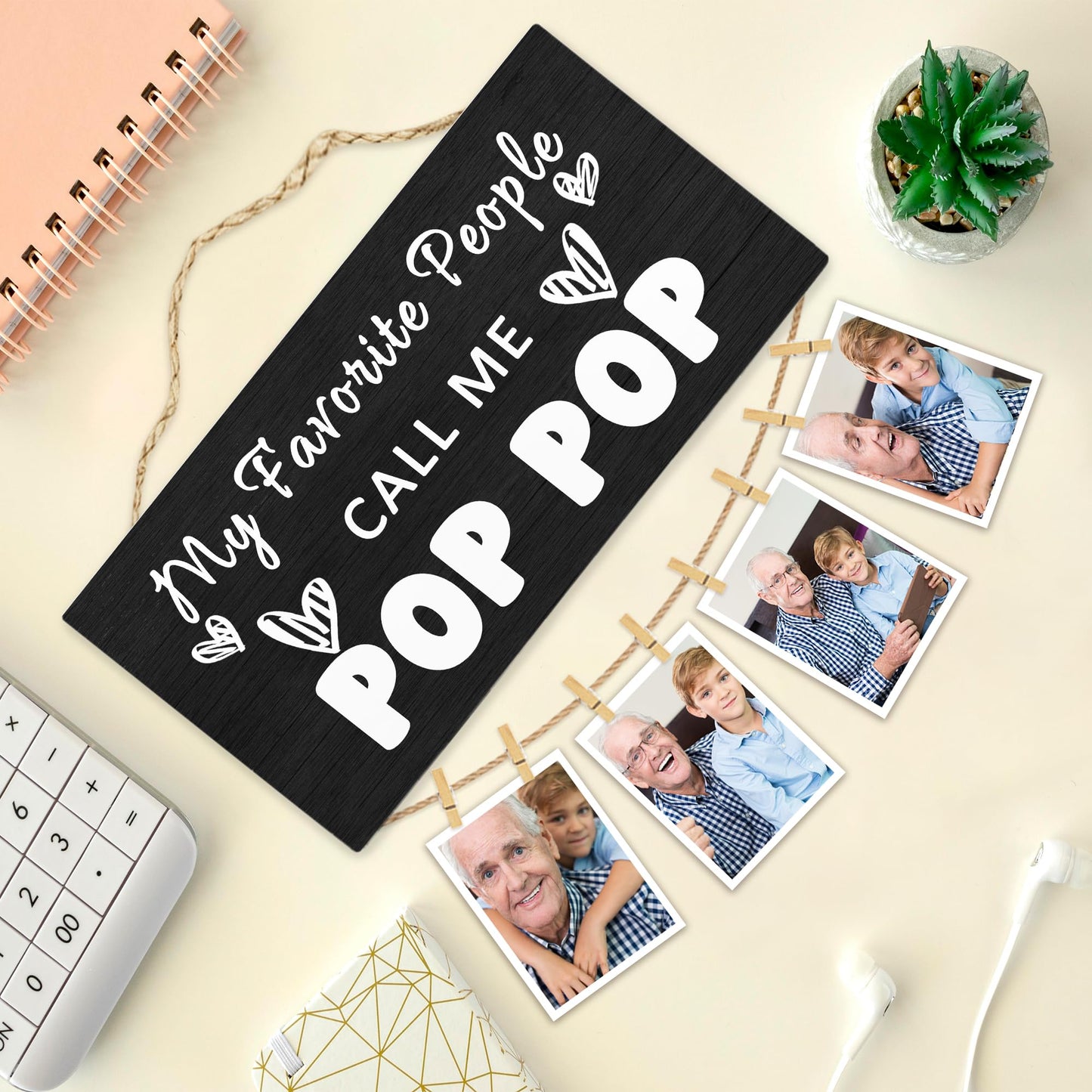 Hiuwevt Pop Pop Picture Frame Photo Hanging Display, Grandpa Gifts for Christmas, Grandfather Gifts from Grandaughters Grandsons, Father Dad Picture Board Photo Holder for Wall Decor