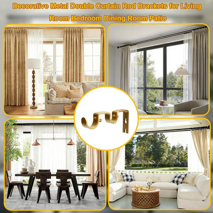 Shonmogar Double Curtain Rod Bracket 6 Pack Metal Curtain Rod Holders for Wall Sturdy Curtain Bracket for 1 Inch Curtain Rod Gold Wall Mounted Curtain Rod Hooks for Bedroom Living Room Patio