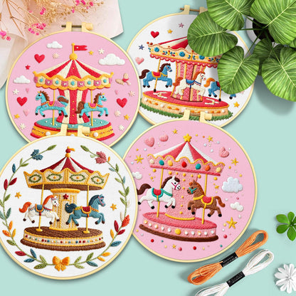 ERKOON 4 Set Embroidery Kit for Beginners, Cross Stitch Set Include Embroidery Cloth Hoops Threads for Craft Lover Hand Stitch with Embroidery Skill Techniques (Carousel)