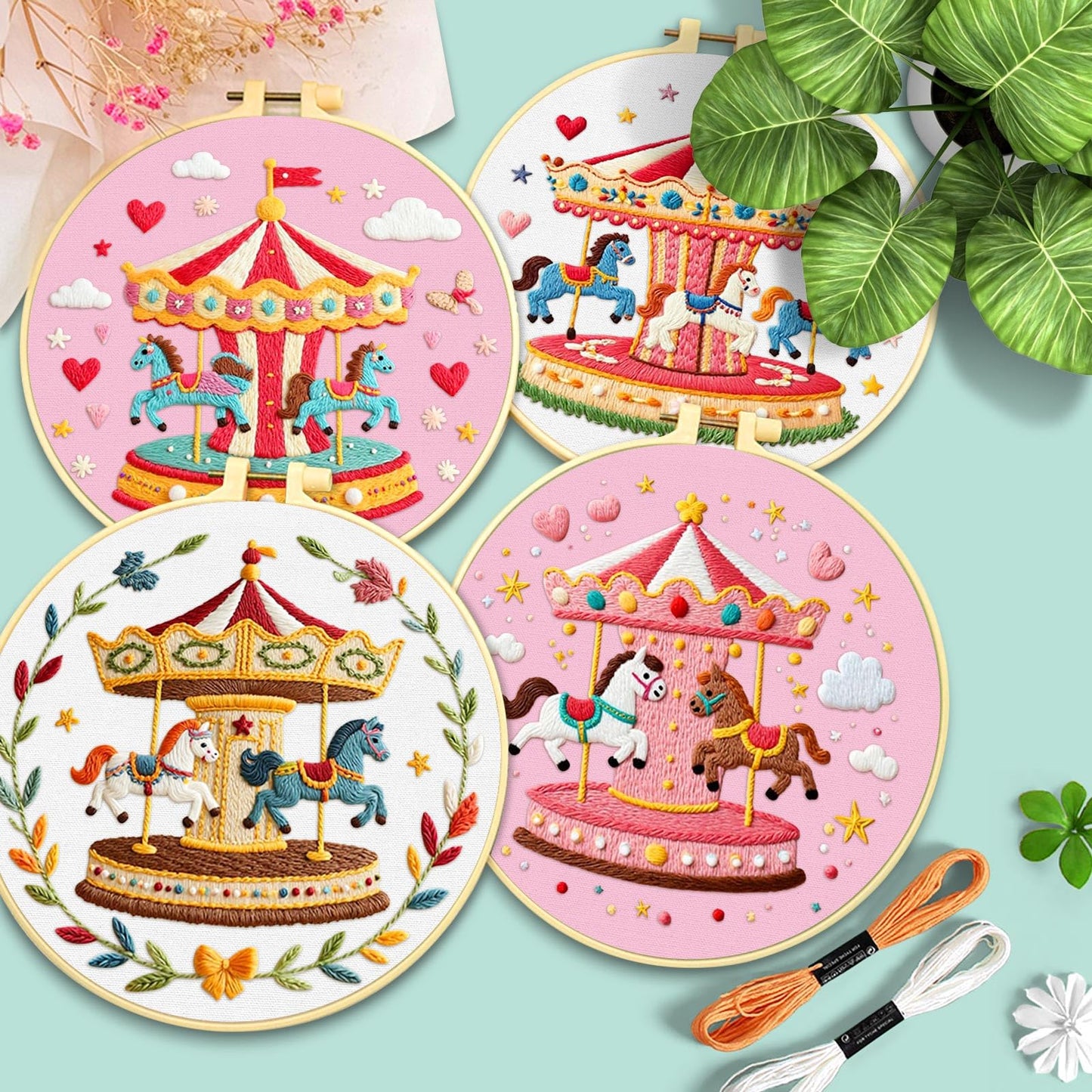 ERKOON 4 Set Embroidery Kit for Beginners, Cross Stitch Set Include Embroidery Cloth Hoops Threads for Craft Lover Hand Stitch with Embroidery Skill Techniques (Carousel)
