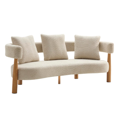 Christopher Knight Home Yulez Curved 3-Seater Sofa Couch with 3 Accent Pillows, Boucle Fabric Upholstered Lounge Seating, 76.5'' Home Office Bedroom Sofa Chair, Comfy Wooden Frame Sofa, Sesame Beige