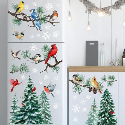 Mfault 187 PCS Winter Birds Pine Tree Branch Window Clings, Xmas Red Cardinal Blue Chickadee Decor