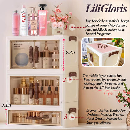 LiliGloris Stackable desktop organizer with drawers and compartments, perfect for storing cosmetics, beauty tools, jewelry, and daily essentials in dorm rooms (1 drawers+2 layers)