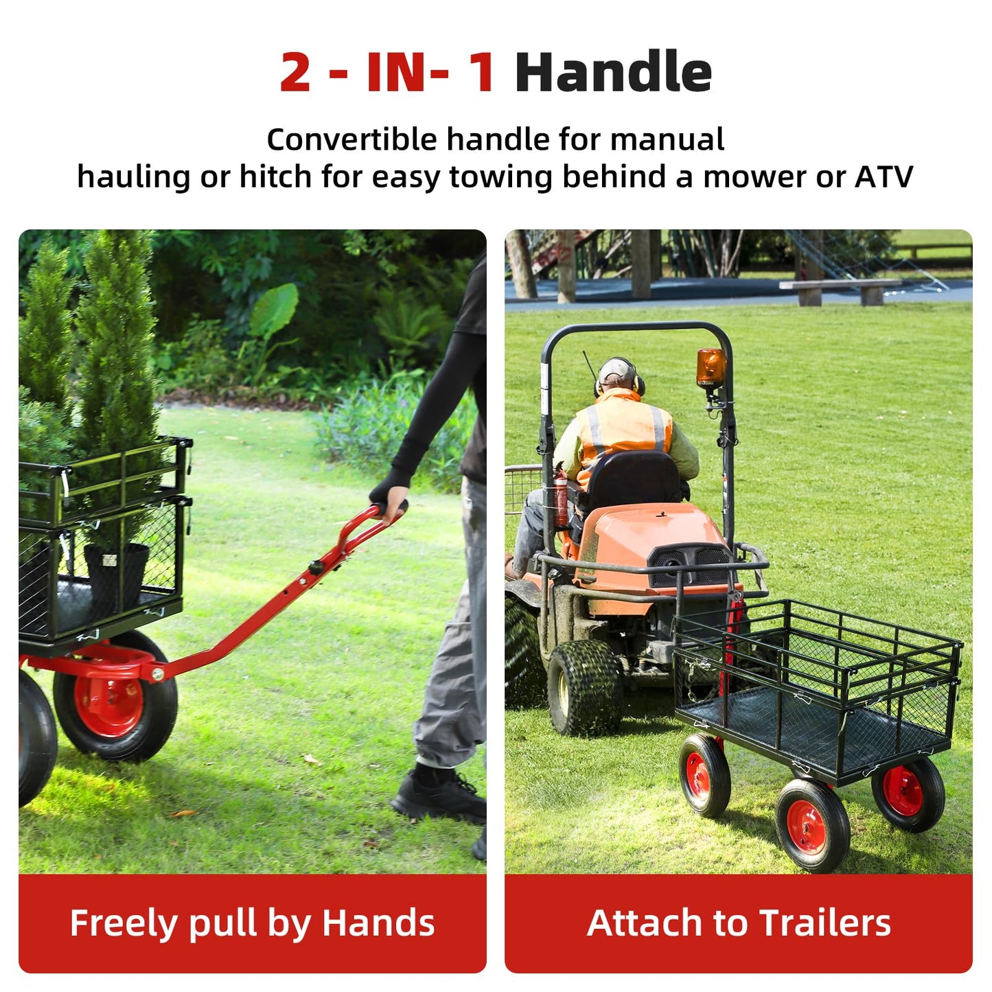 1400 LBS Steel Garden Yard Cart, Heavy-Duty Metal Garden Wagon Convertible 2-in-1 Handle and Removable Sides to Convert into Flatbed Lawn and Utility Wagons Cart
