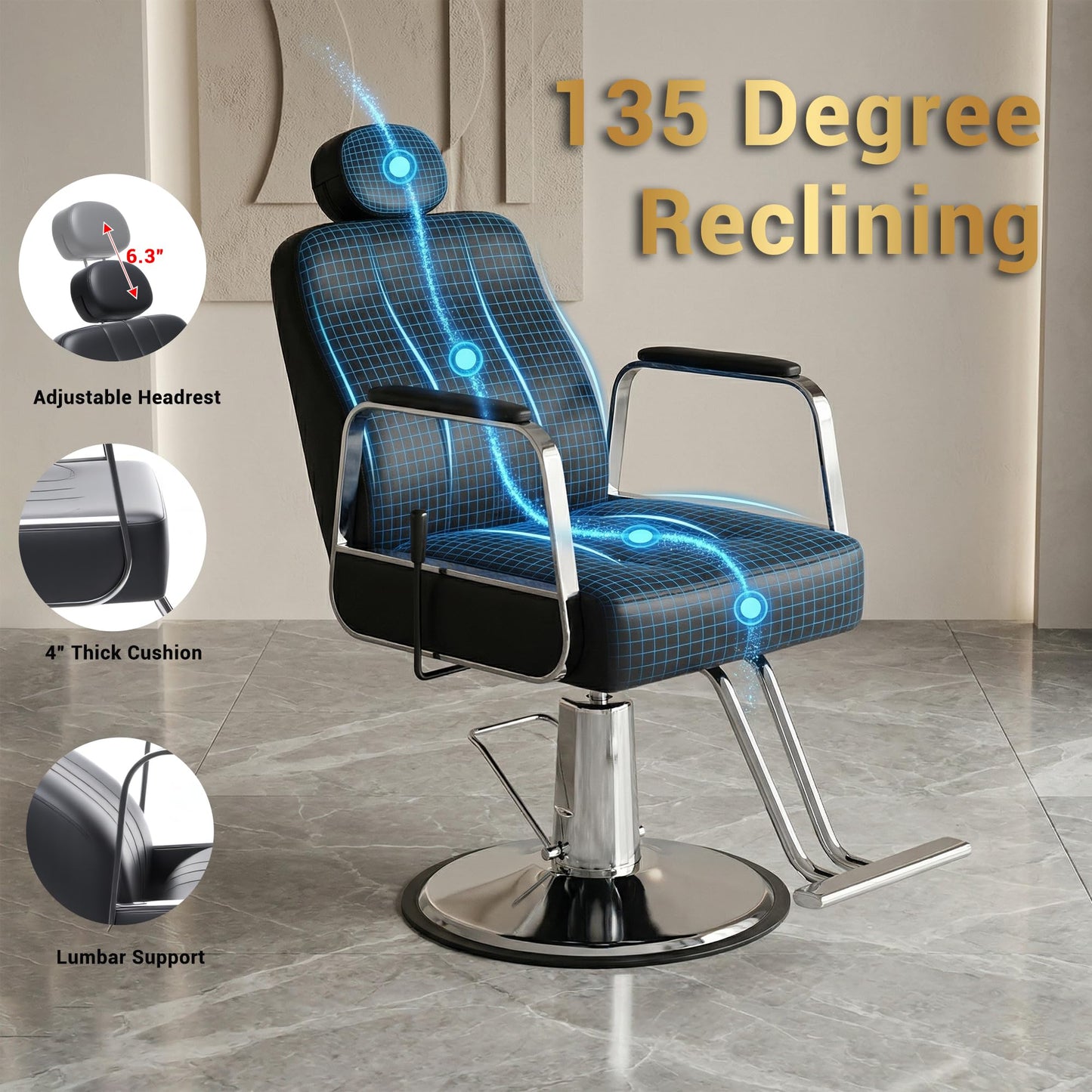 Barber Chair with Heavy Duty Hydraulic Pump, Reclining Salon Chair for Hair Stylist, 360° Swivel 90°-140° Backrest Reclining Chairs, Portable Height Adjustable Hair Chair for Barbershop (Black)