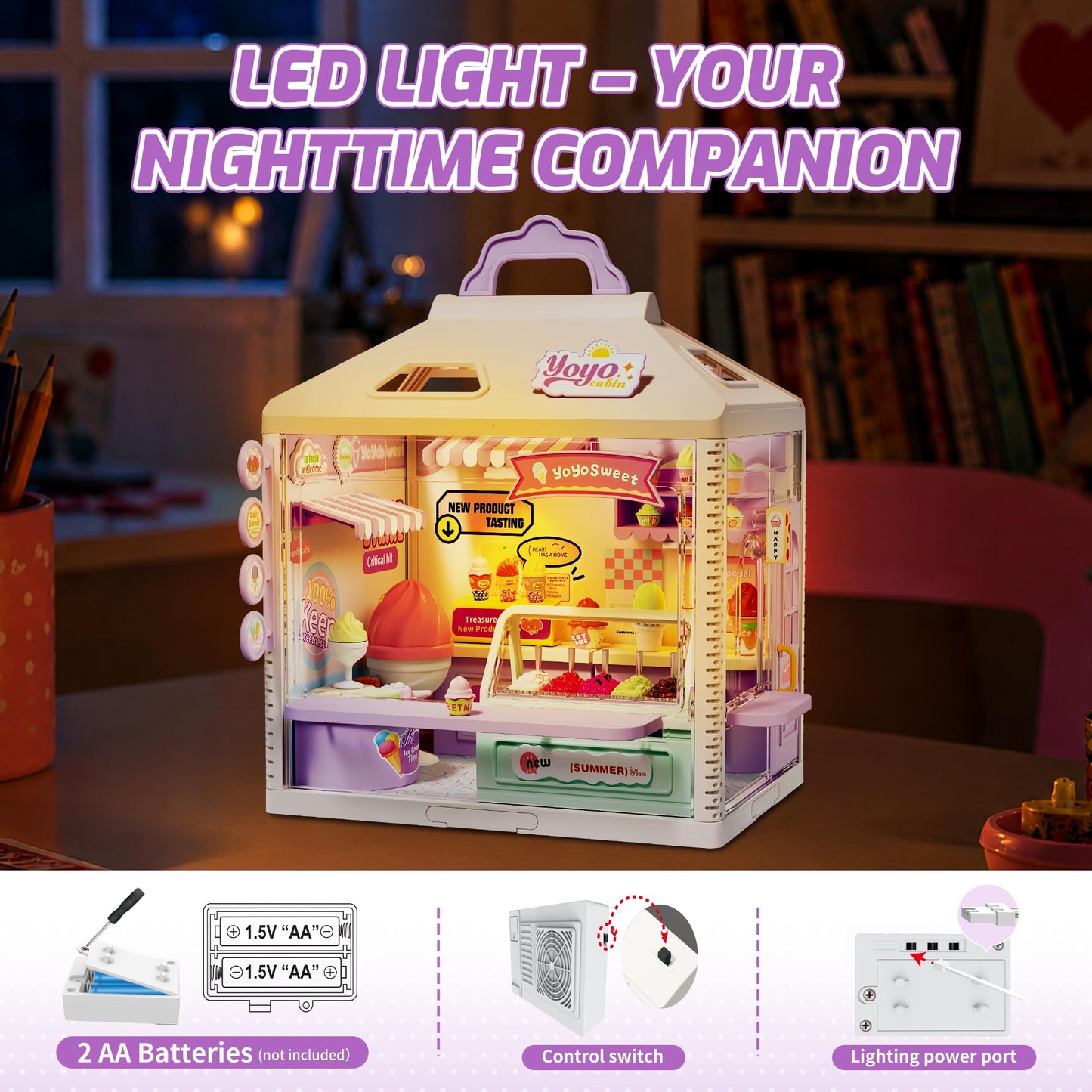 MINDNOOK DIY Miniature House Kit, LED Light-Up Dollhouse, Mini Dollhouse Building Set with Furniture, Craft Hobby Gift for Adults, Teens & Kids Ages 6+ (Ice Cream Shop)