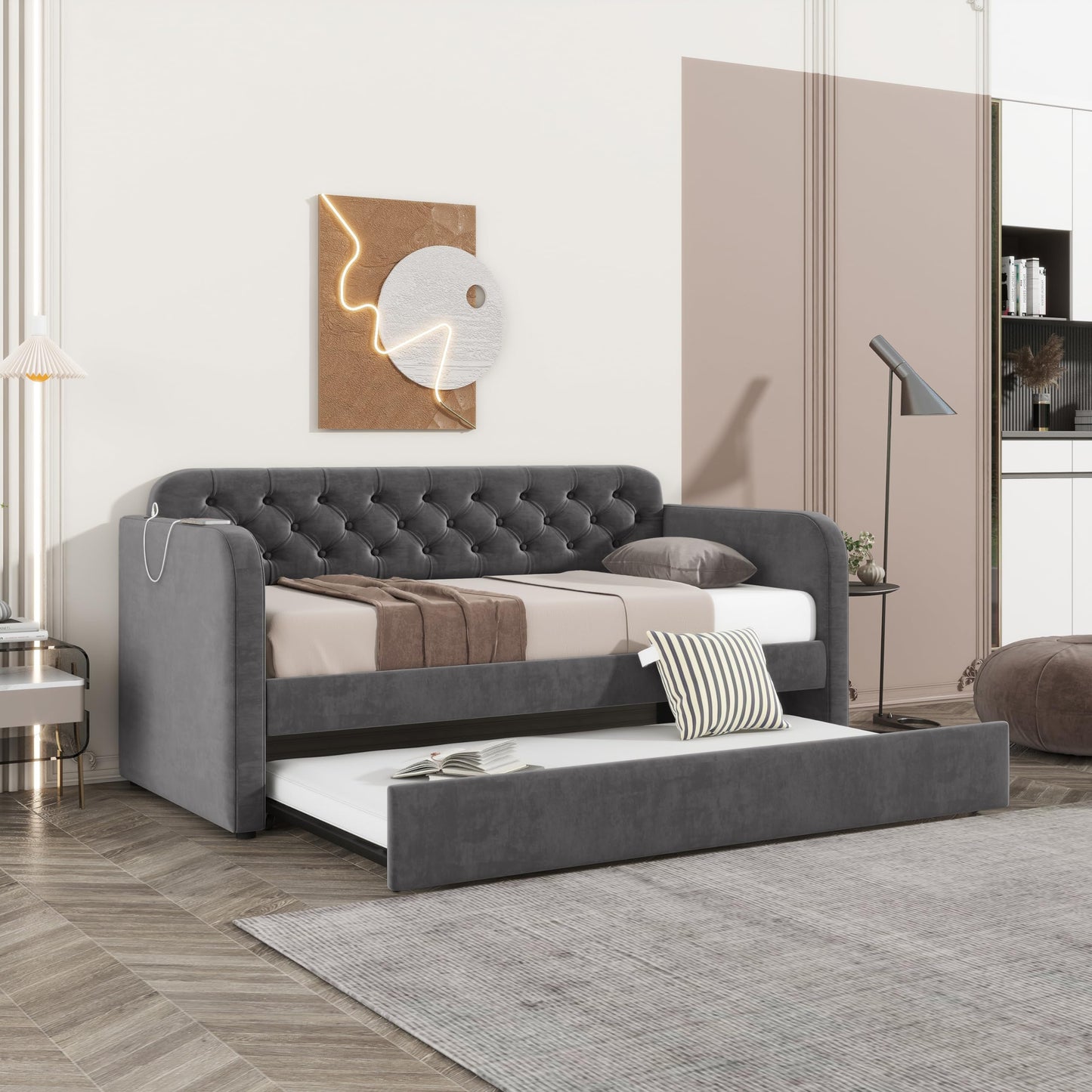 Acosure Twin Size Velvet Upholstered Daybed with Trundle and USB Charging Design,Bed Frame W/Fabric-Tufted Linen Backrest,for Bedroom,Guest Room,Apartment,Dark Grey