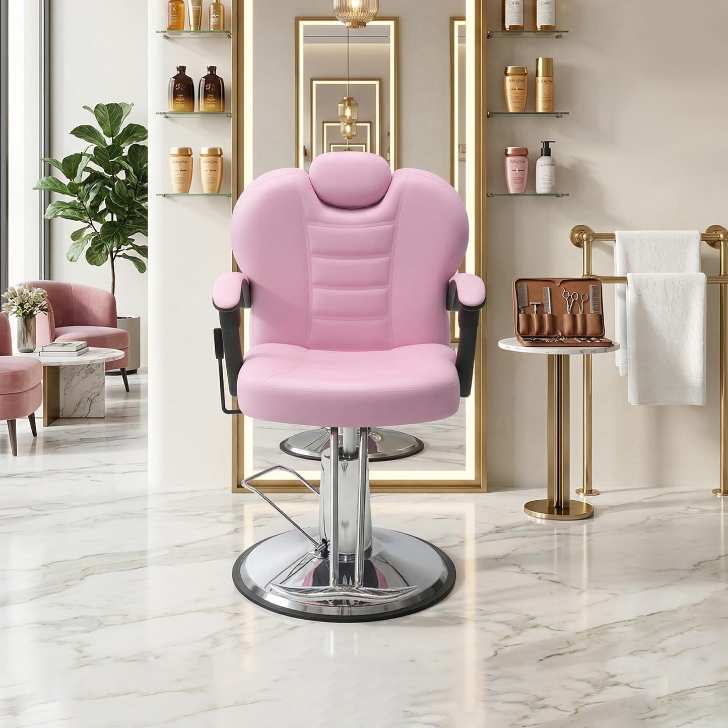 KEIKI Reclining Barber Chair for Barbershop, 90°-150° Adjustable Salon Styling Chair with Heavy Duty Hydraulic Pump, 360° Swivel PU Leather Hair Stylist Chair with Headrest & Footrest, Pink