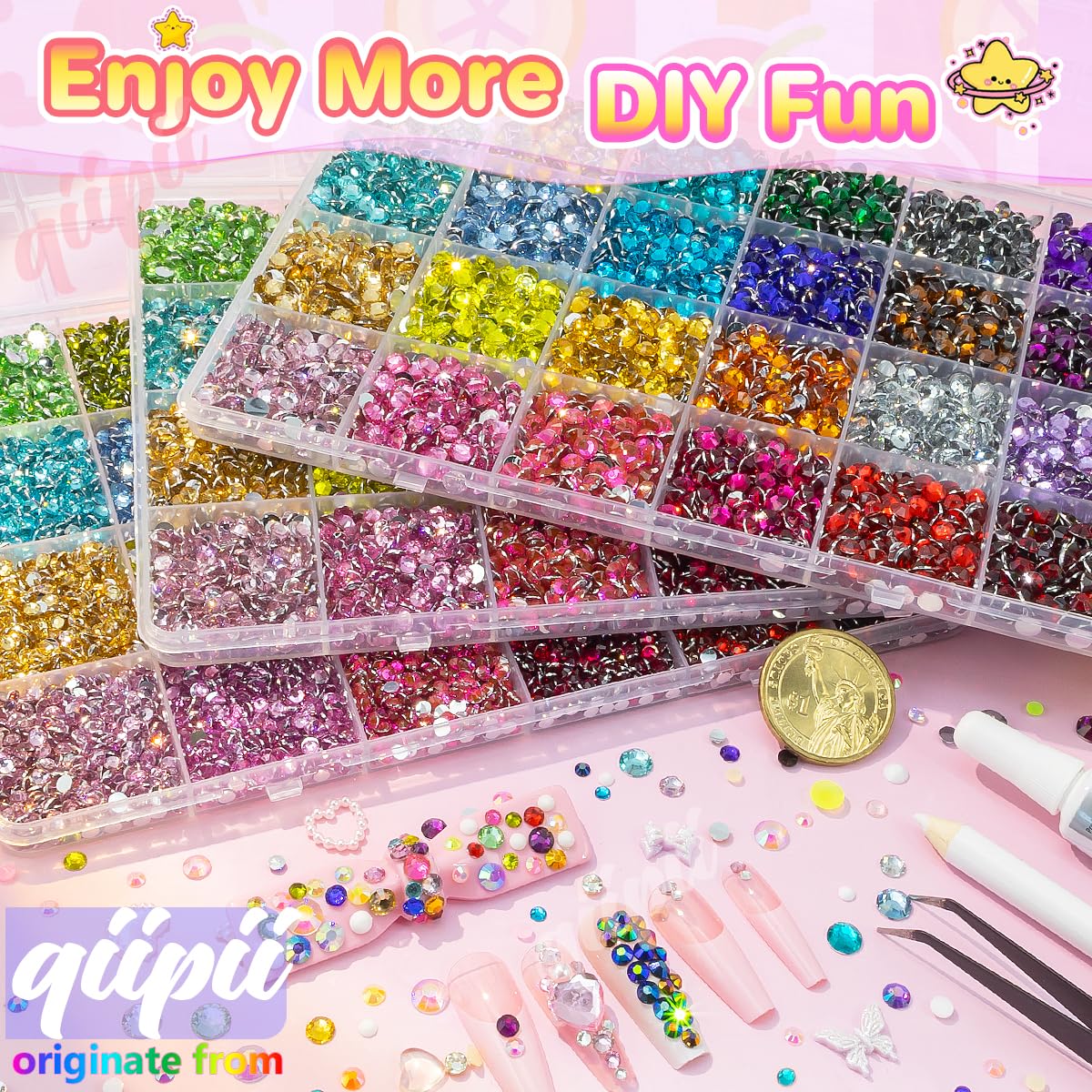qiipii 3 Boxes 24 Color 3mm 4mm 5mm Crystal Resin Rhinestones for Bedazzling Crafting Flatback Colorful Stones Gems Diamonds Charms for Nails Face Makeup Tumblers Bottles Crafts Clothes Shoes Phones