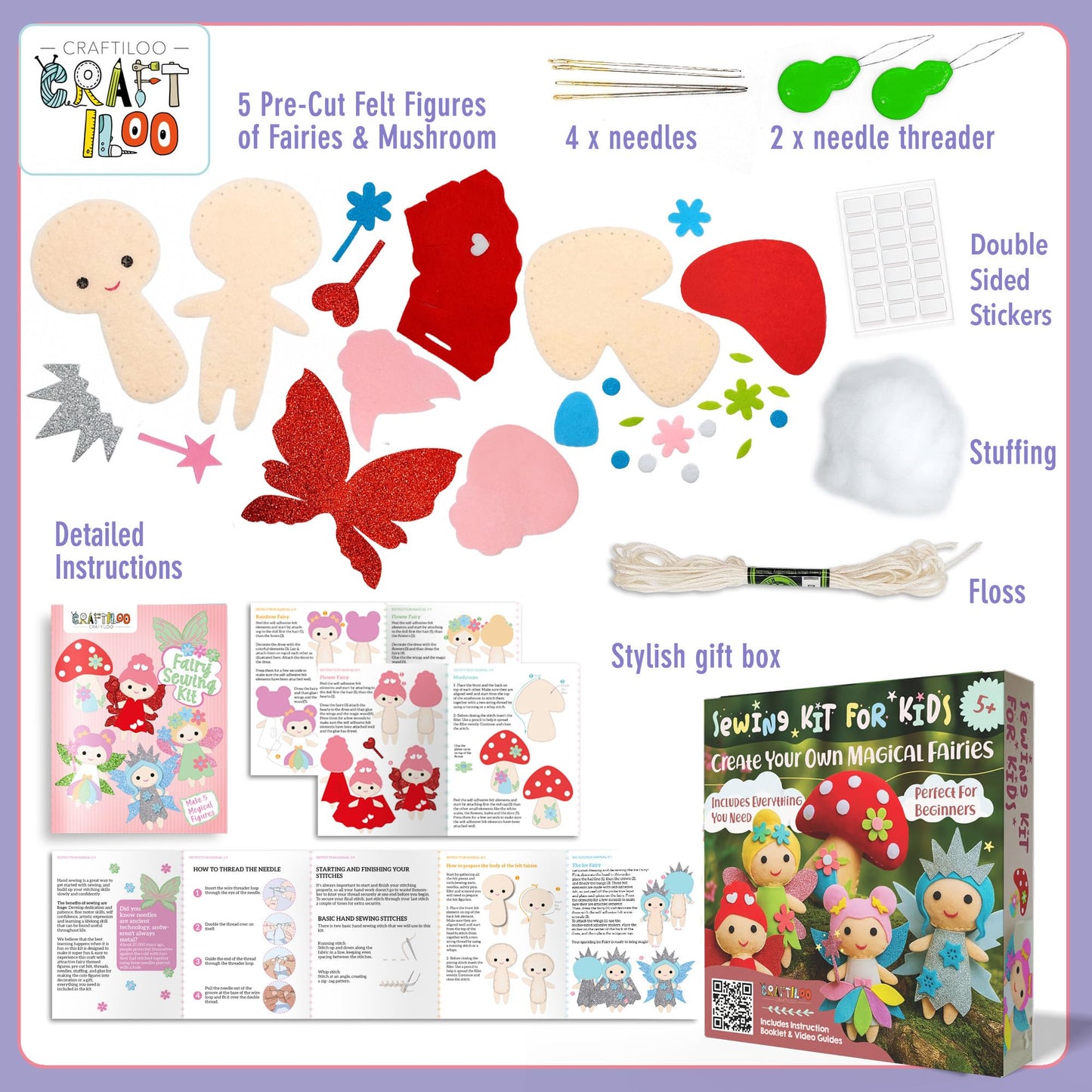CRAFTILOO Fairy Sewing Kit for Kids Ages 5-12 – Beginner Sewing Kit with 5 Pre-Cut Felt Projects – Make Your Own Stuffed Animal Plush Dolls – Fun Girls Craft Kit, Learn to Sew Gift for Kids