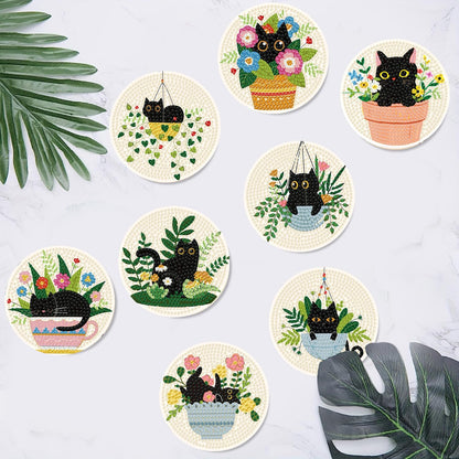 Clendo 8 Pcs Black Cat Diamond Art Coasters Kit - DIY 5D Small Diamond Painting Coasters with Holder, Flowers Diamond Art Kits for Adults Coasters, Arts and Crafts for Adults