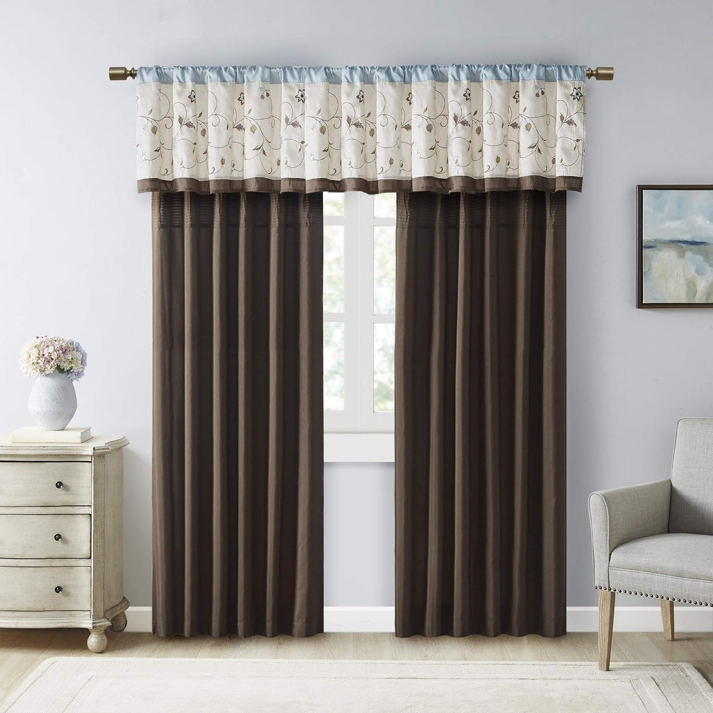 Madison Park Serene Embroidered Light Filtering Curtain Panel, 50x18, Blue for Bedroom Livingroom