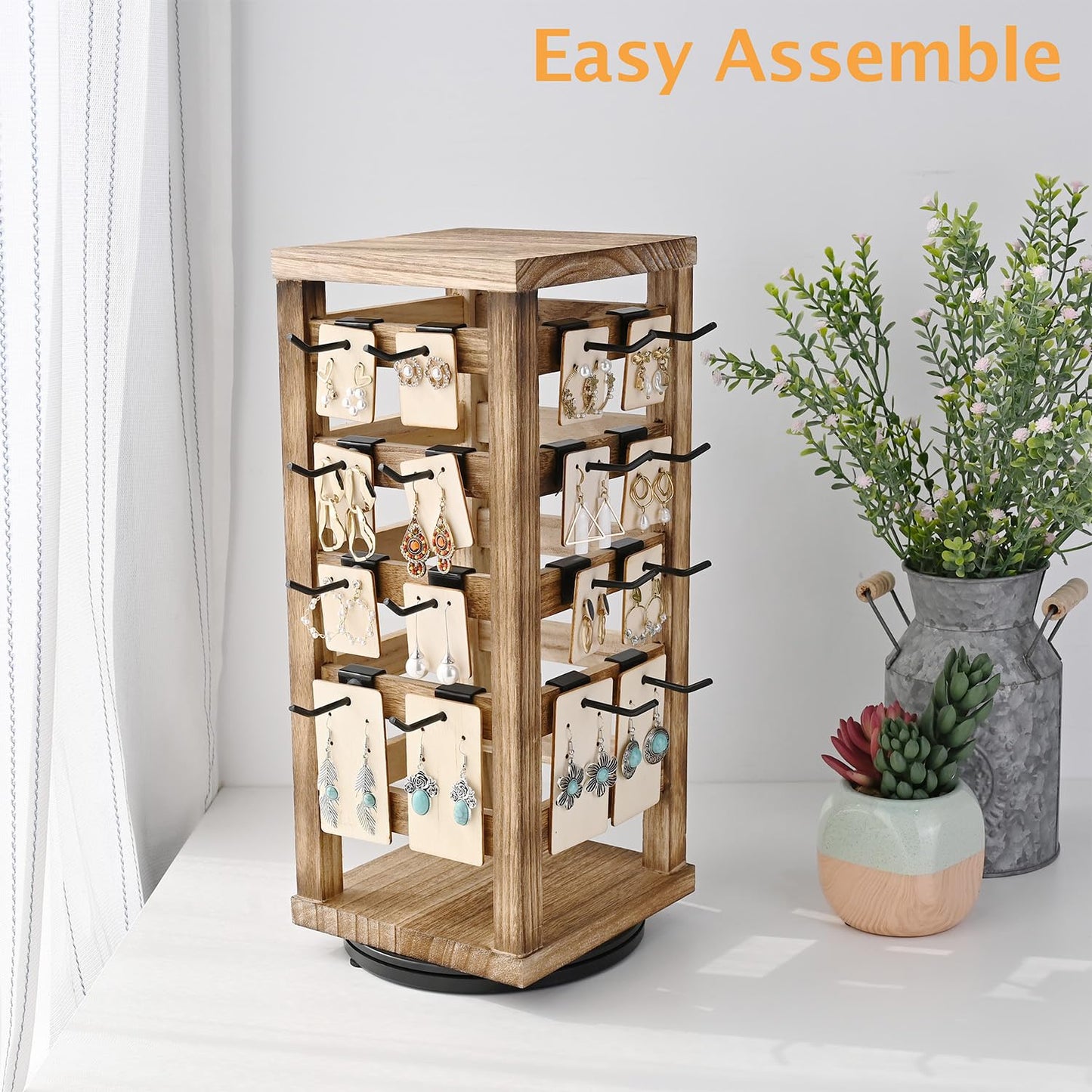 Ikee Design Wood Rotating Jewelry Display, Removable 42 Hooks Earring Display Stand, 5 Bars Earring Organizer Stand, Oak Color