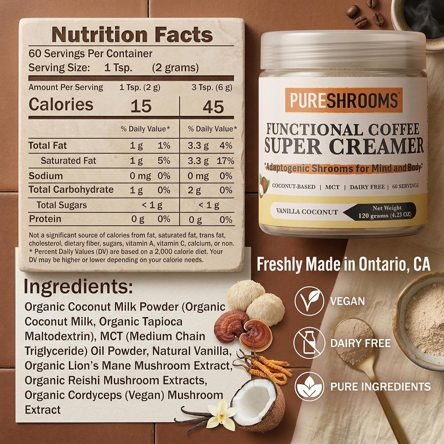 120g 4.2 oz) Functional Coffee Super Creamer - Vanilla - Coconut Milk Powder, MCT, Organic Lions Mane, Reishi