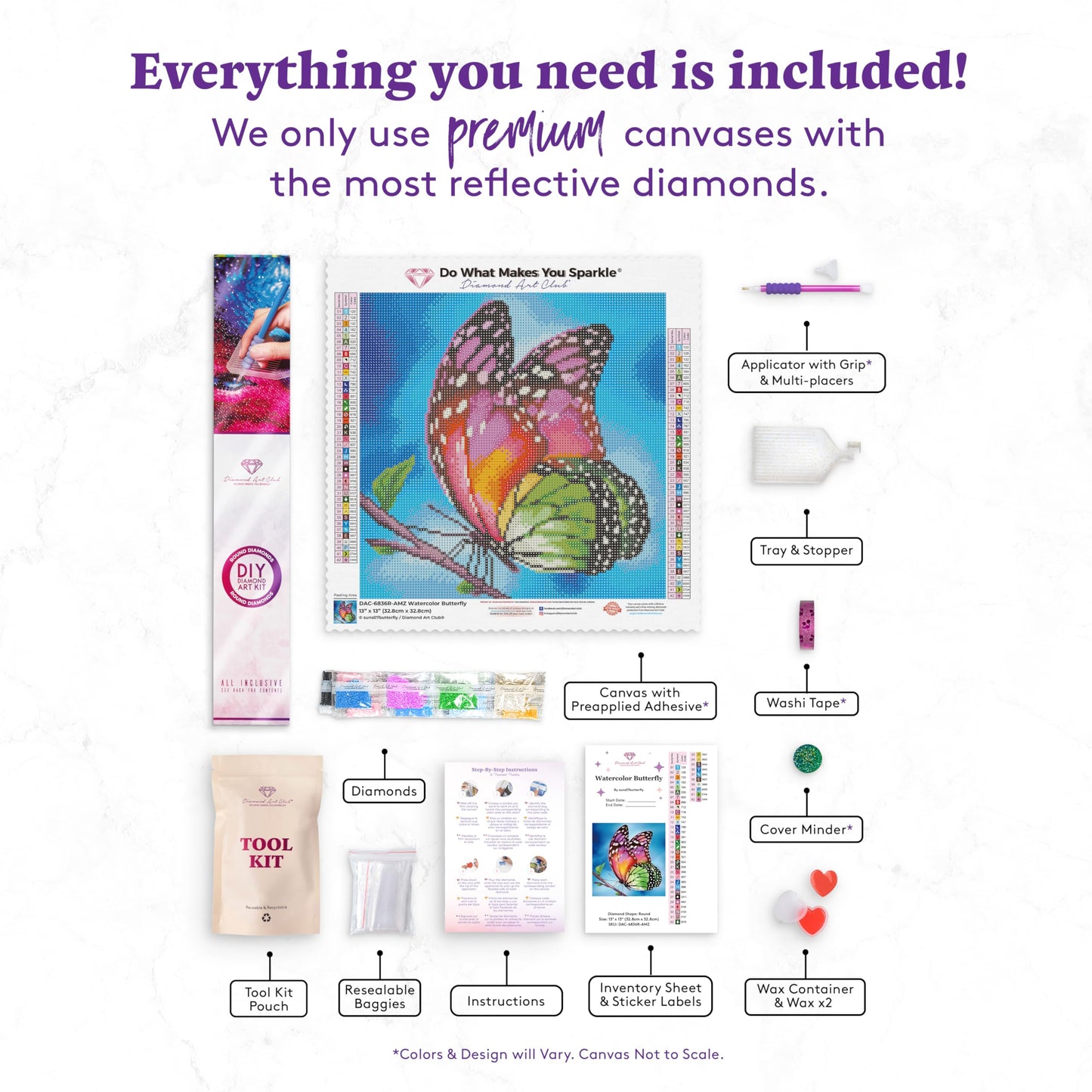 DIAMOND ART CLUB Watercolor Butterfly Diamond Painting Kit, Fun DIY Crafts for Adults, Round Diamond Art Canvas, 13" x 13" (32.8 cm x 32.8 cm)