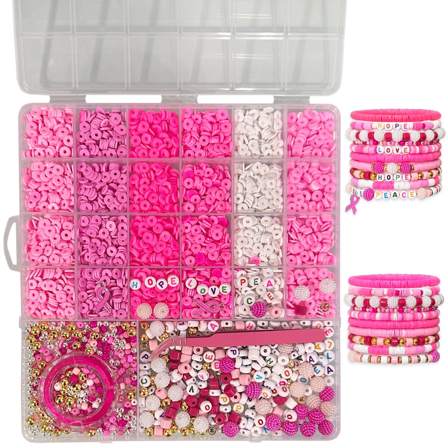 Pink Breast Cancer Awareness DIY Craft Clay Beads Kit - Pink Awareness Party Assorted Beads and Alphabet - Love Hope Peace Inspirational Bead Art DIY Craft Set, 1 Box