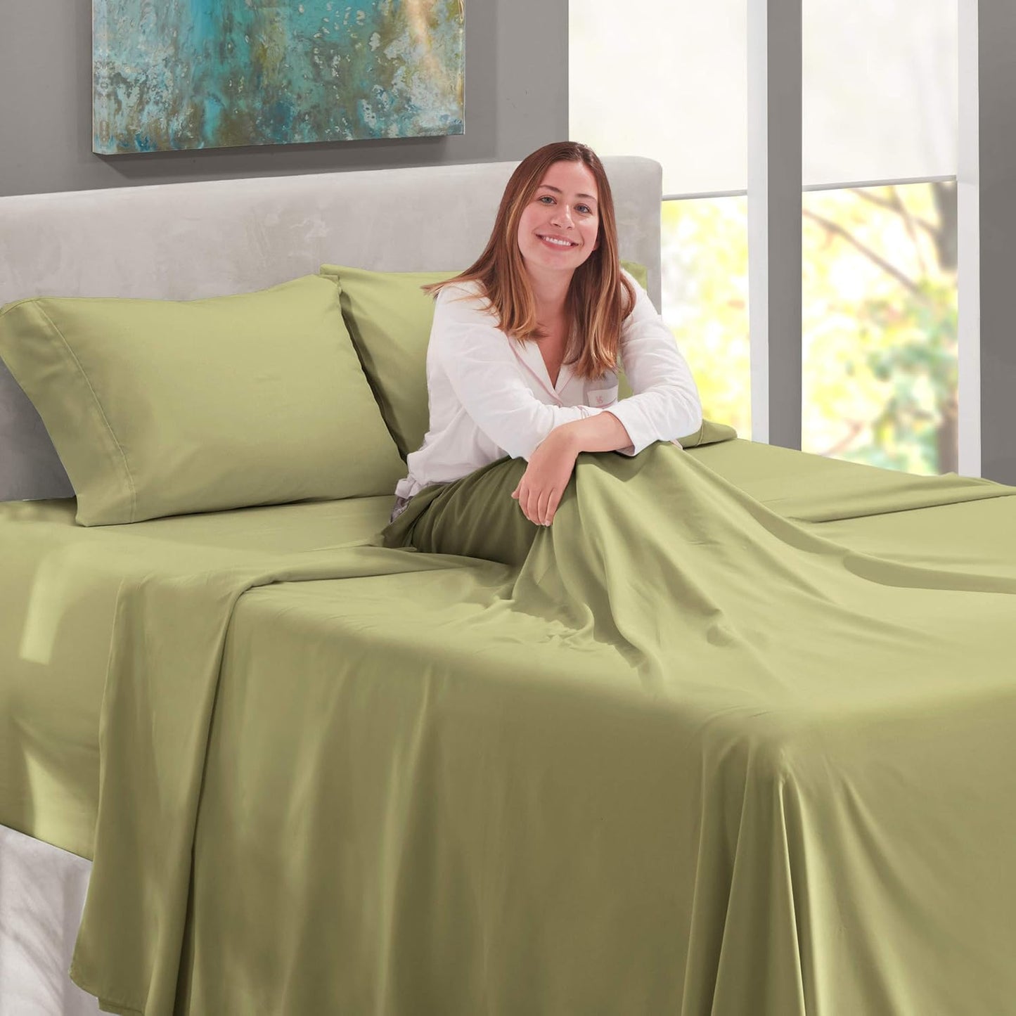 Nestl Bed Linen Set - Queen, 4 Piece Microfiber in Sage Green, Deep Pocket, Soft Premium