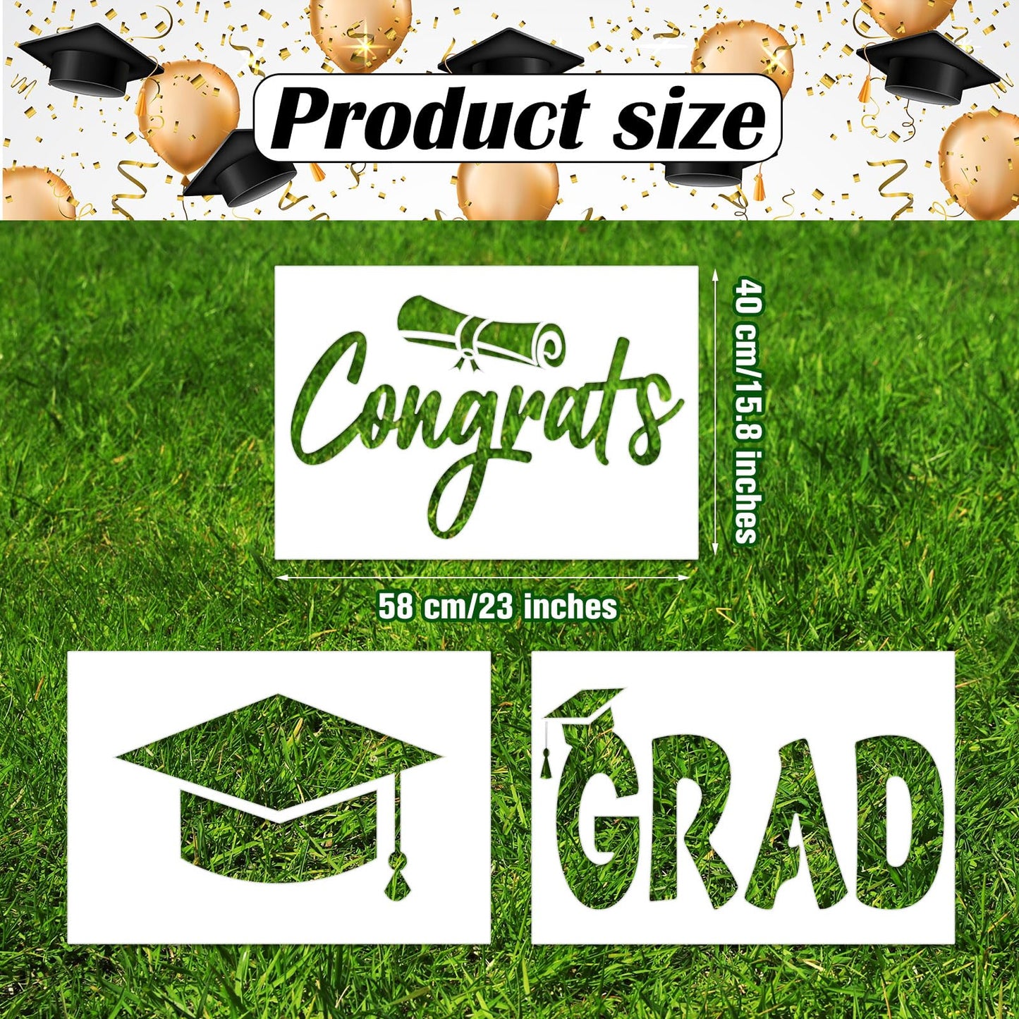 Kolldenn 3 Pcs Graduation Yard Stencils Happy Graduation Stencil Template Graduation Hat and Diploma Reusable Painting Wall Stencils for Craft DIY
