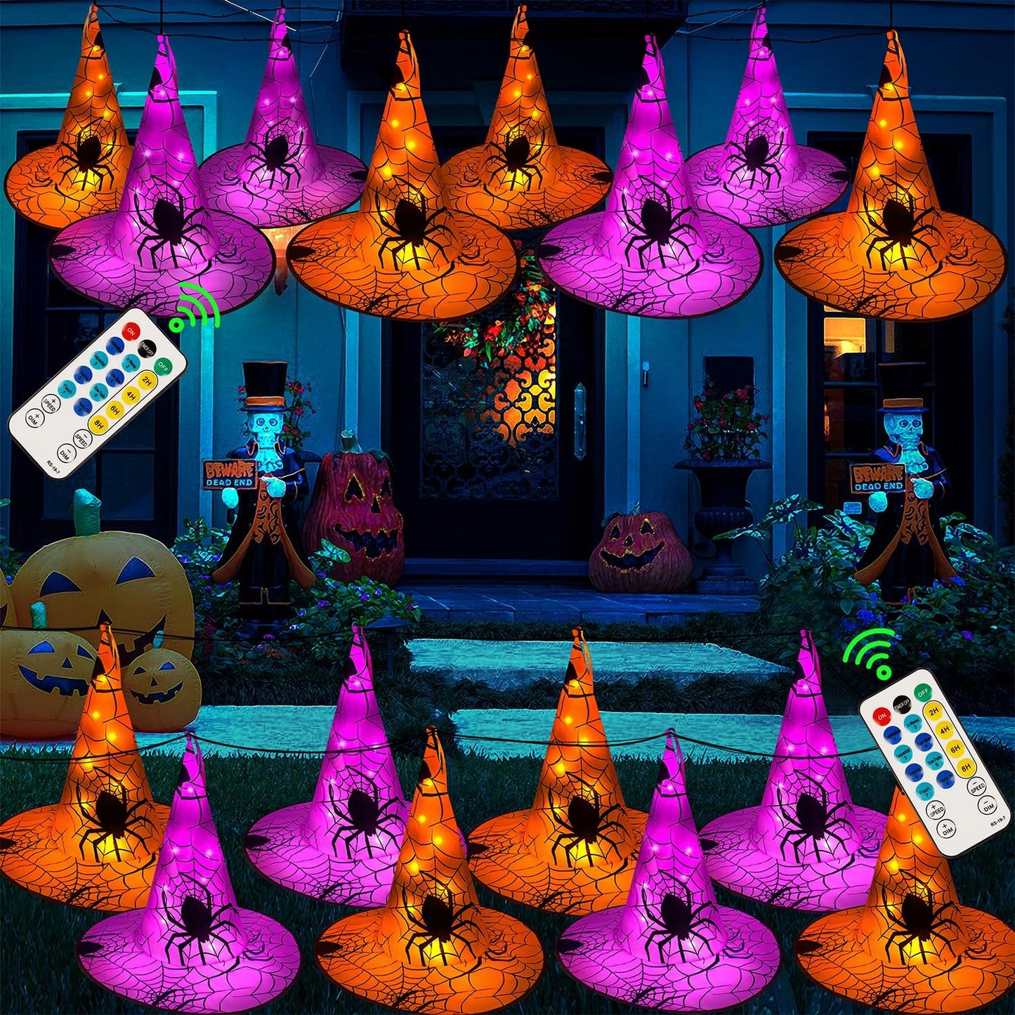 WATERGLIDE 2Pack Halloween Decorations, 8Pcs Each Lighted Hanging Witch Hats, Remote Control with 8 Modes Light Up 14 FT Halloween String Lights, for Indoor Outdoor Yard, Lawn, Graveyard Scenes Party