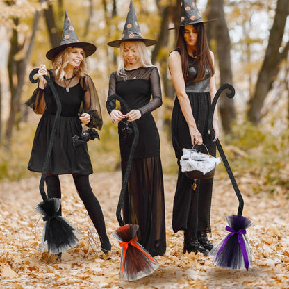 Lenwen 3 Pcs Halloween Witch Broom Plastic Witch Broomstick with Ribbons for Women, Halloween Party Costume Accessories(Black, Purple, Orange)
