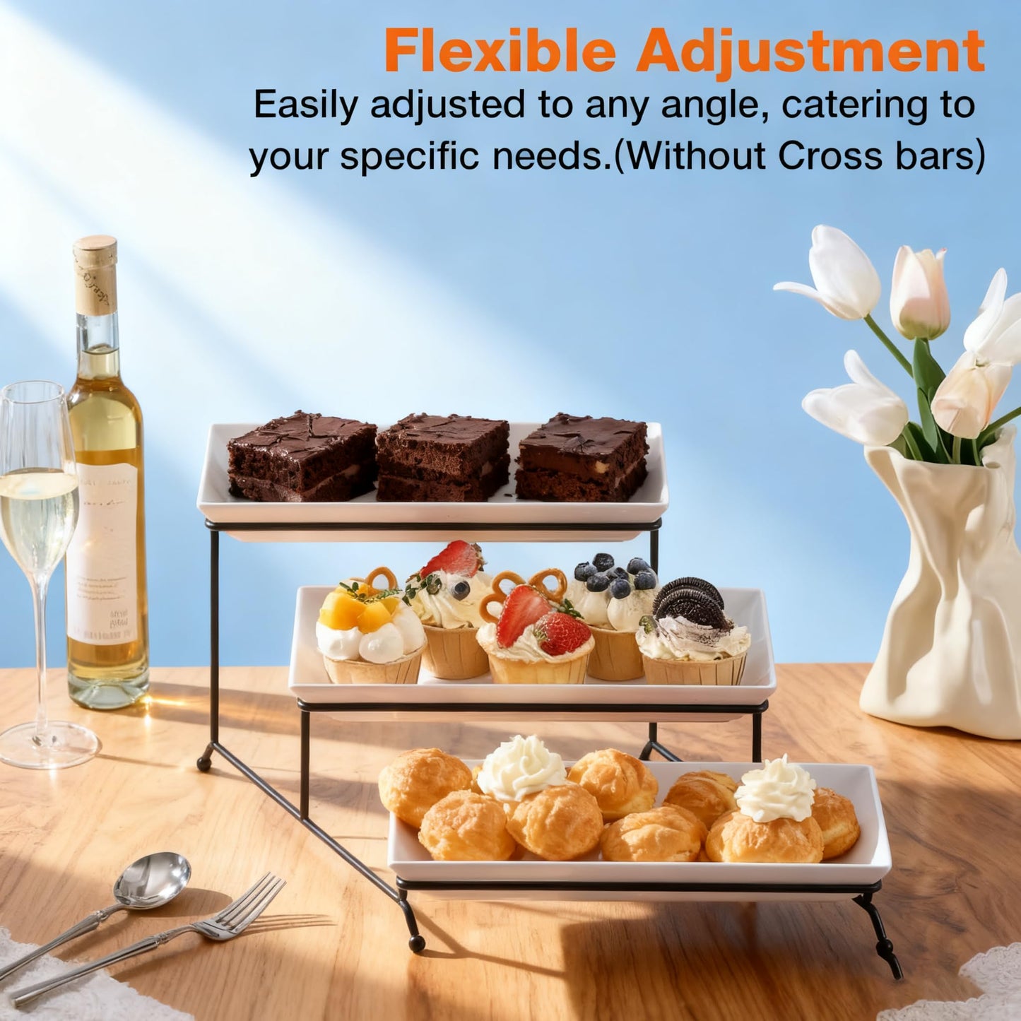 Farielyn-X 3 Tier Serving Tray, 12" White Plastic Tiered Food Serving Platters, Reusable Tray Stand Black Collapsible Metal Stand with Stable Cross Bars, Party Display Stands for Veggie Fruit, Dessert