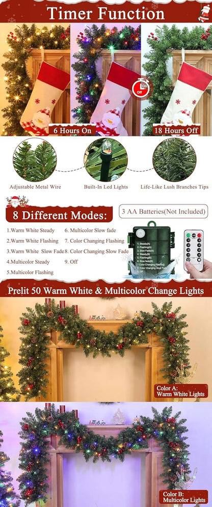 9 8 TURNMEON Dual Color Change Ft Prelit Christmas Garland Remote Control Warm White & Multicolor Lights Timer Modes